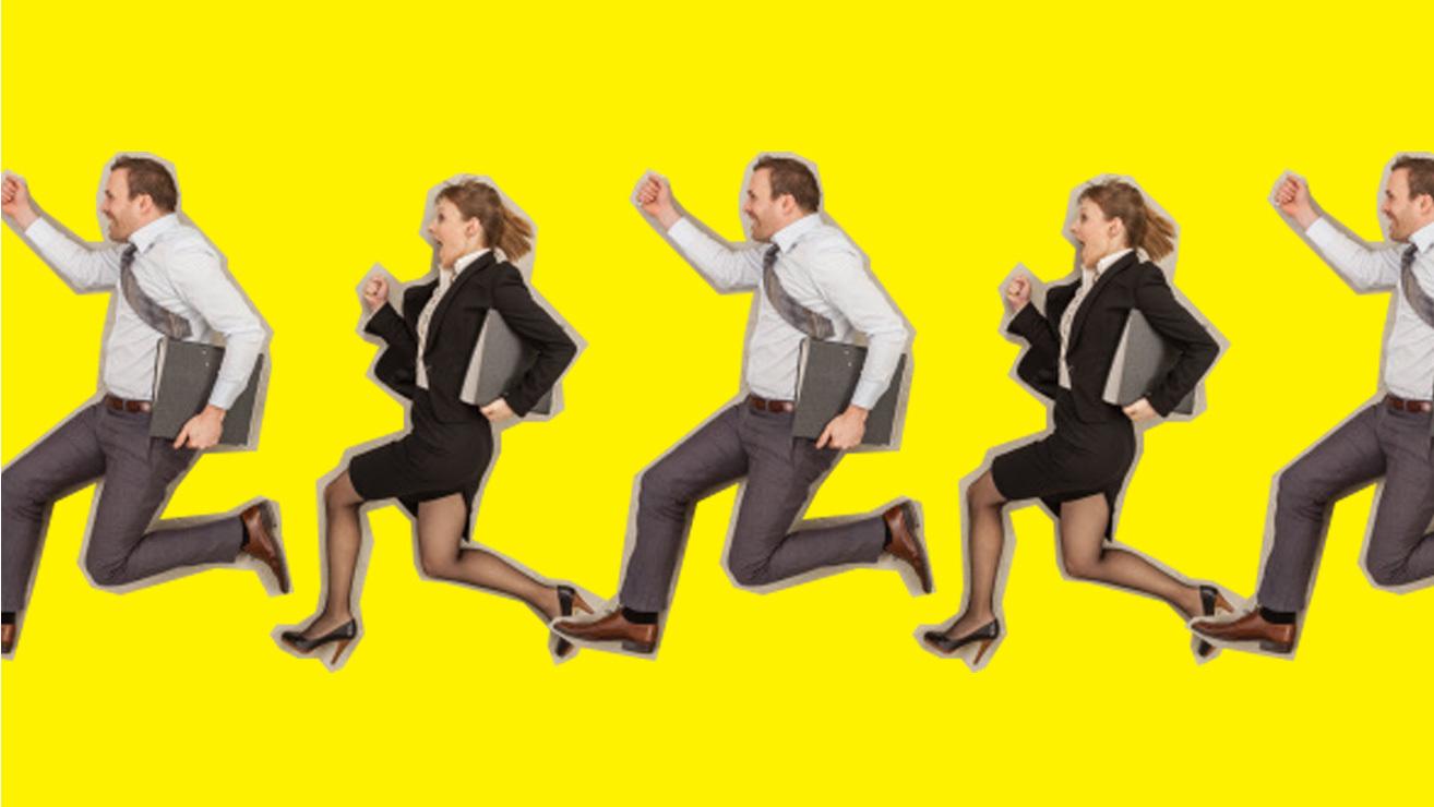 people in suits running with yellow background