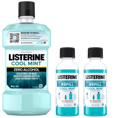 Bottle of Listerine® Cool Mint® Zero Alcohol Mouthwash and Listerine® Mouthwash Concentrate bottles