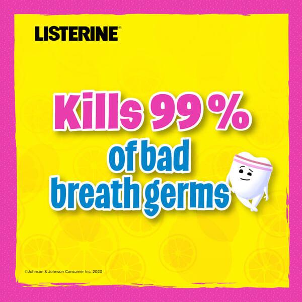 Listerine Smart Rinse Pink Lemonade kills 99% of bad breath germs