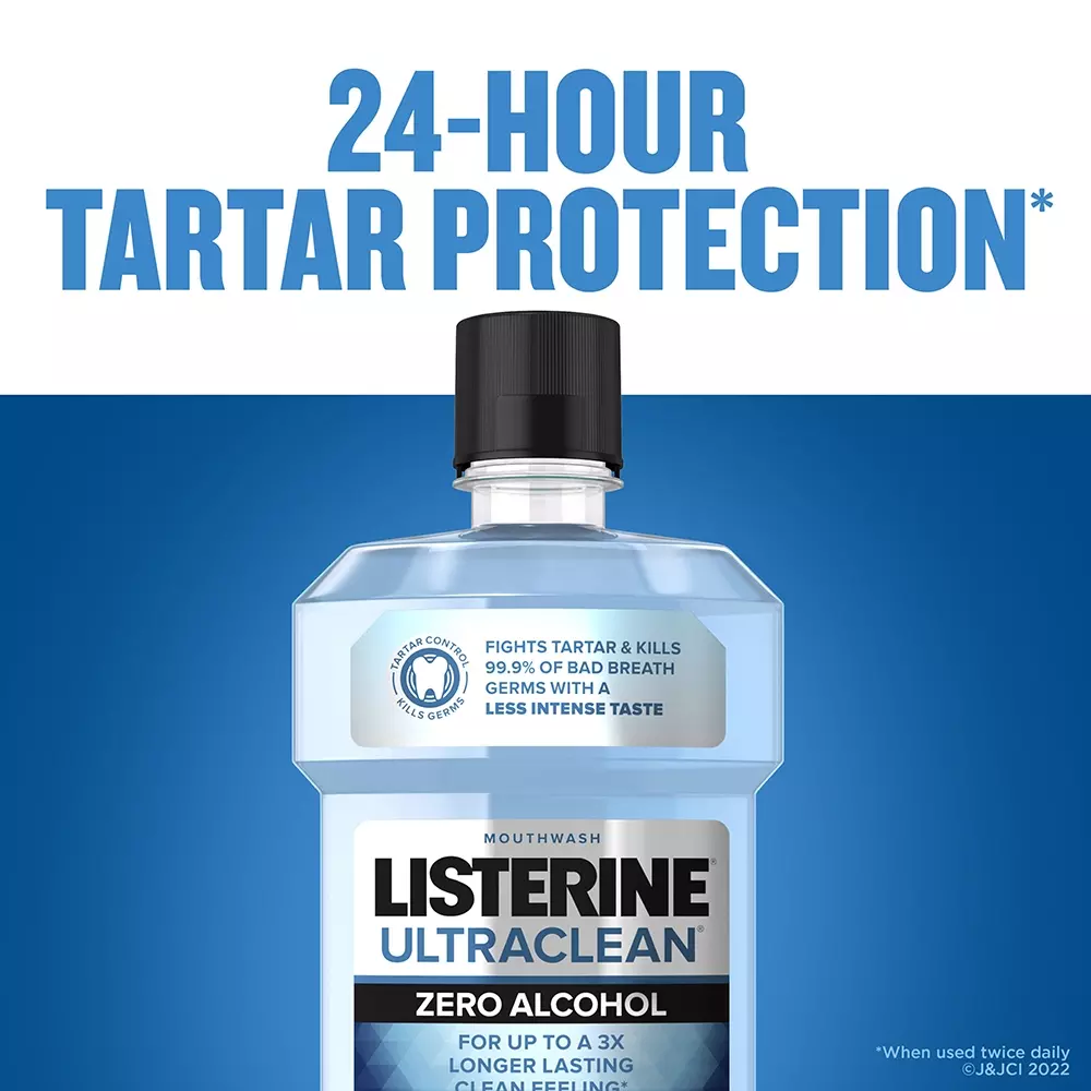 24 hour tartar protection with LISTERINE® ULTRACLEAN® Zero Alcohol Tartar Control Mouthwash