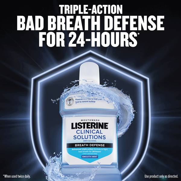 Bad breath defense for 24 hours with Listerine Clinical Solutions Breath Defense