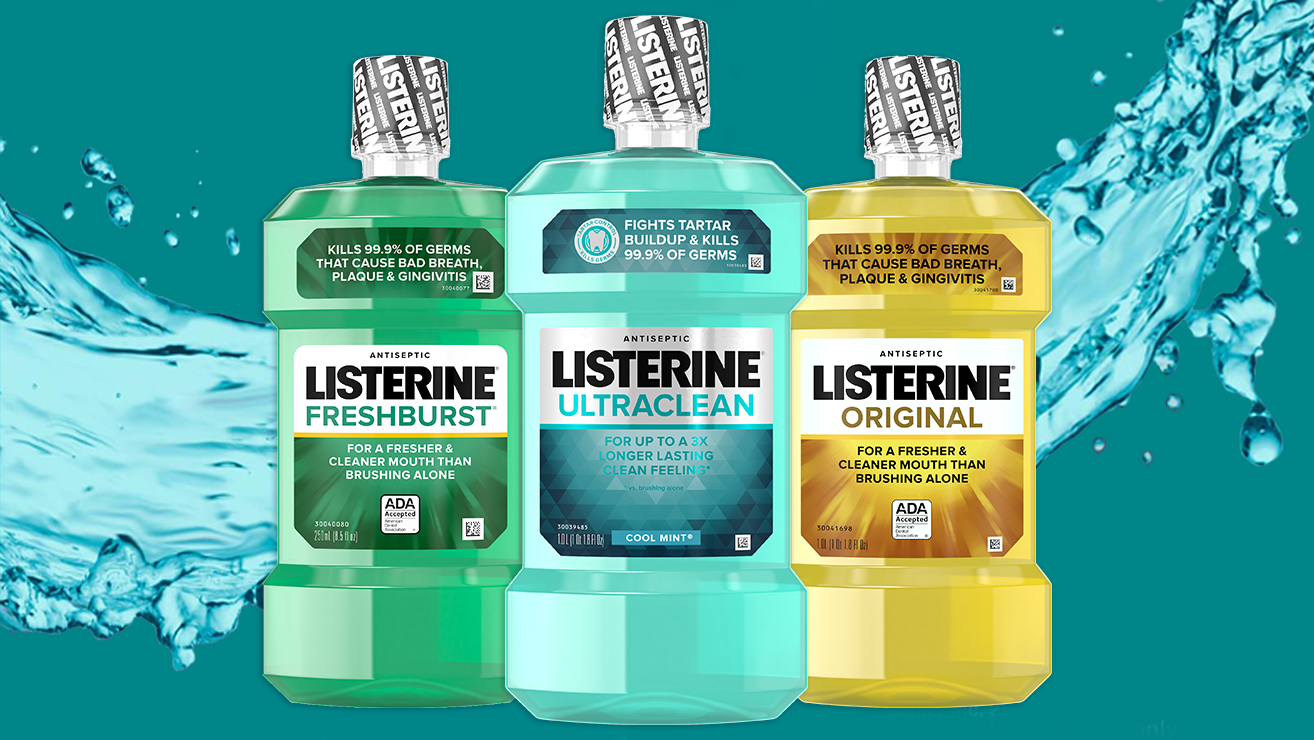 3 Listerine bottles with blue background 