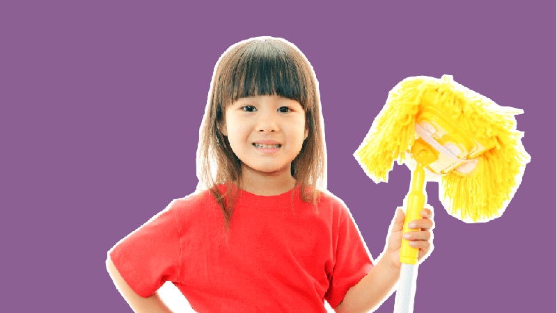 girl with mop ready set sweep parenting hacks