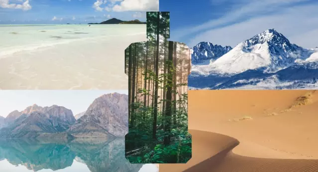 four landscapes, one in each quarter of the background, and a fifth landscape cut as a Listerine mouthwash bottle silhouette in the center