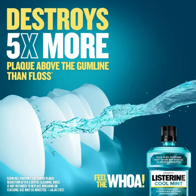 Plaque Attack (Key Fortnite Claim): Graphic of a mouthwash splash embracing teeth and a gumline. Bold text reads Listerine destroys 5 times more plaque above the gumline that floss