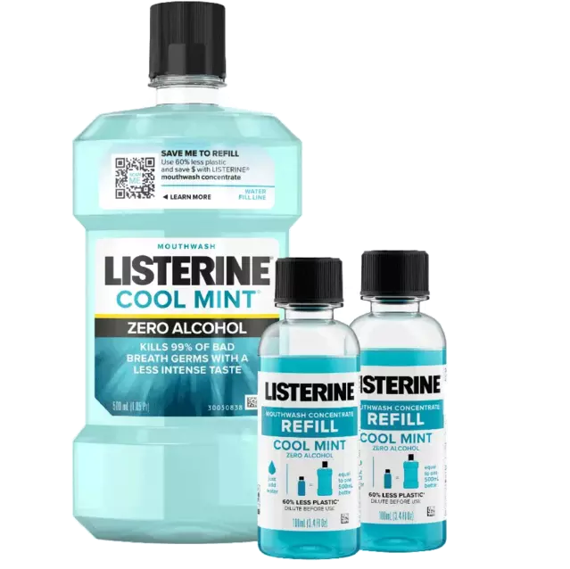 500mL bottle and Concentrate Refill bottles of Listerine Cool Mint Zero Alcohol Mouthwash