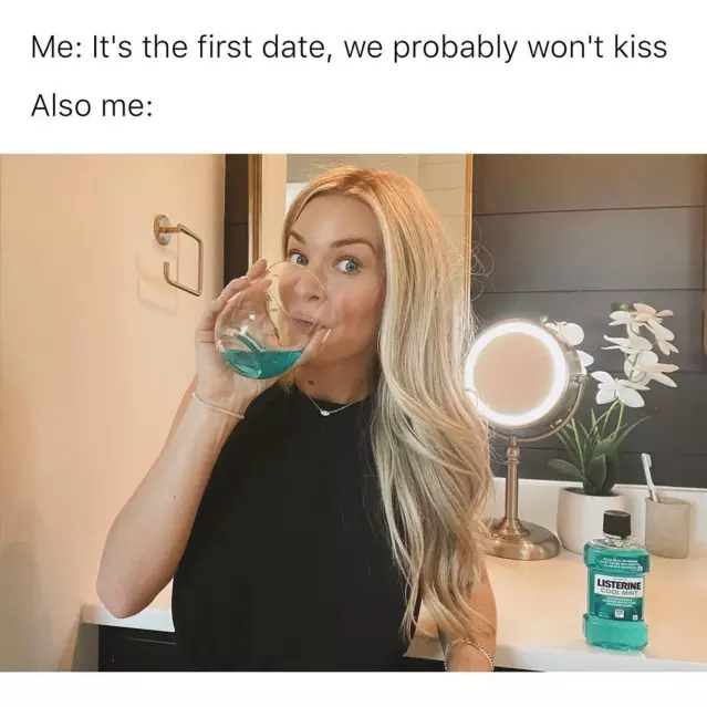 A woman about to rinse with Listerine Cool Mint and top text box description stating, “It’s only the first date, we won’t kiss.”
