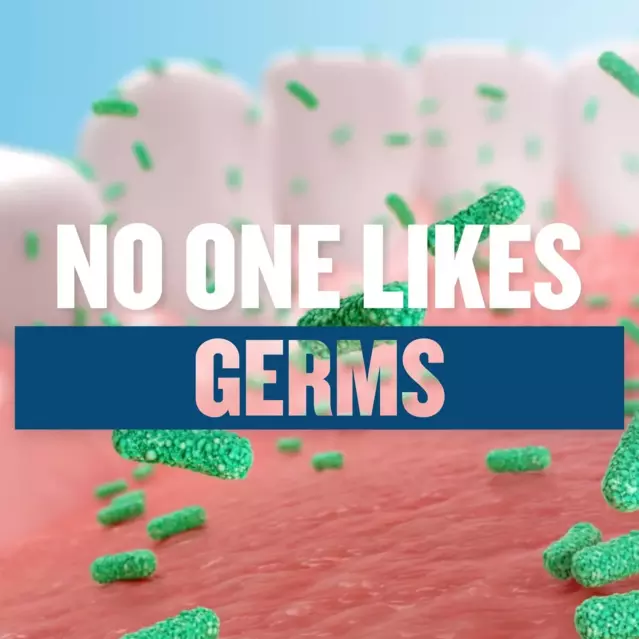 No One Likes Germs: Illustration of bad breath germs inside a mouth as a background and a middle banner reads No One Likes Germs